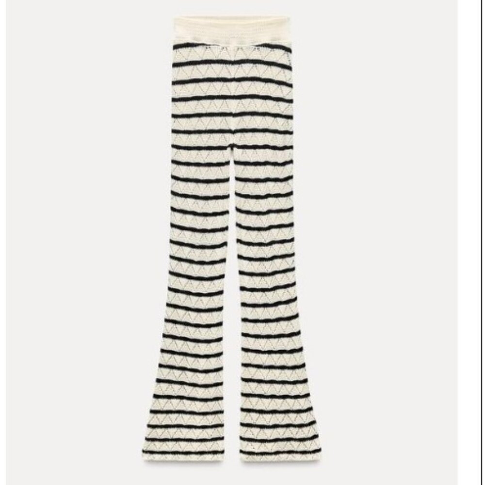 Women's Cream and Black Striped Knit Flare Pants